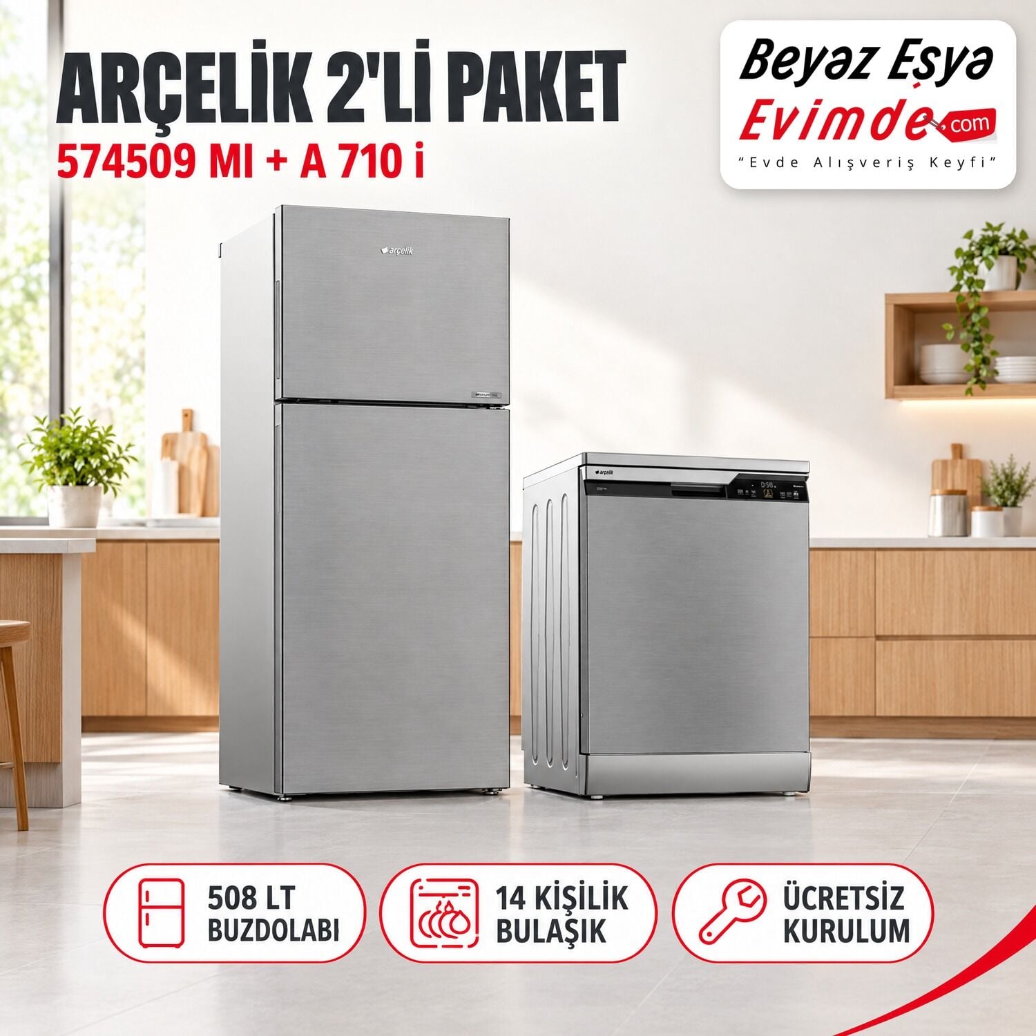 Arçelik 574509 MI 508 Lt Buzdolabı + A 710 i Bulaşık Makinesi Paketi