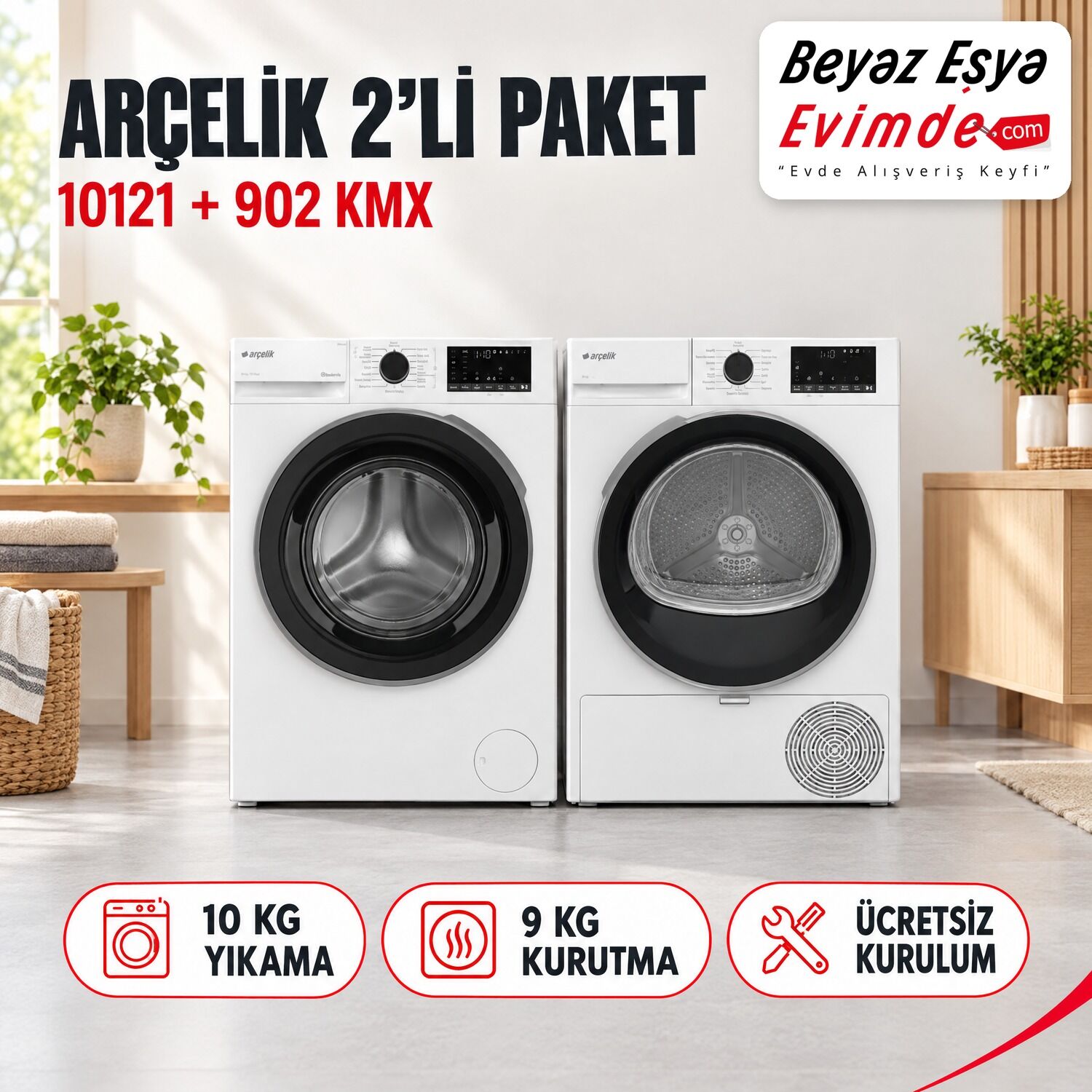 Arçelik 10121 10 Kg Çamaşır Makinesi + 902 KMX 9 Kg Kurutma Makinesi Paketi
