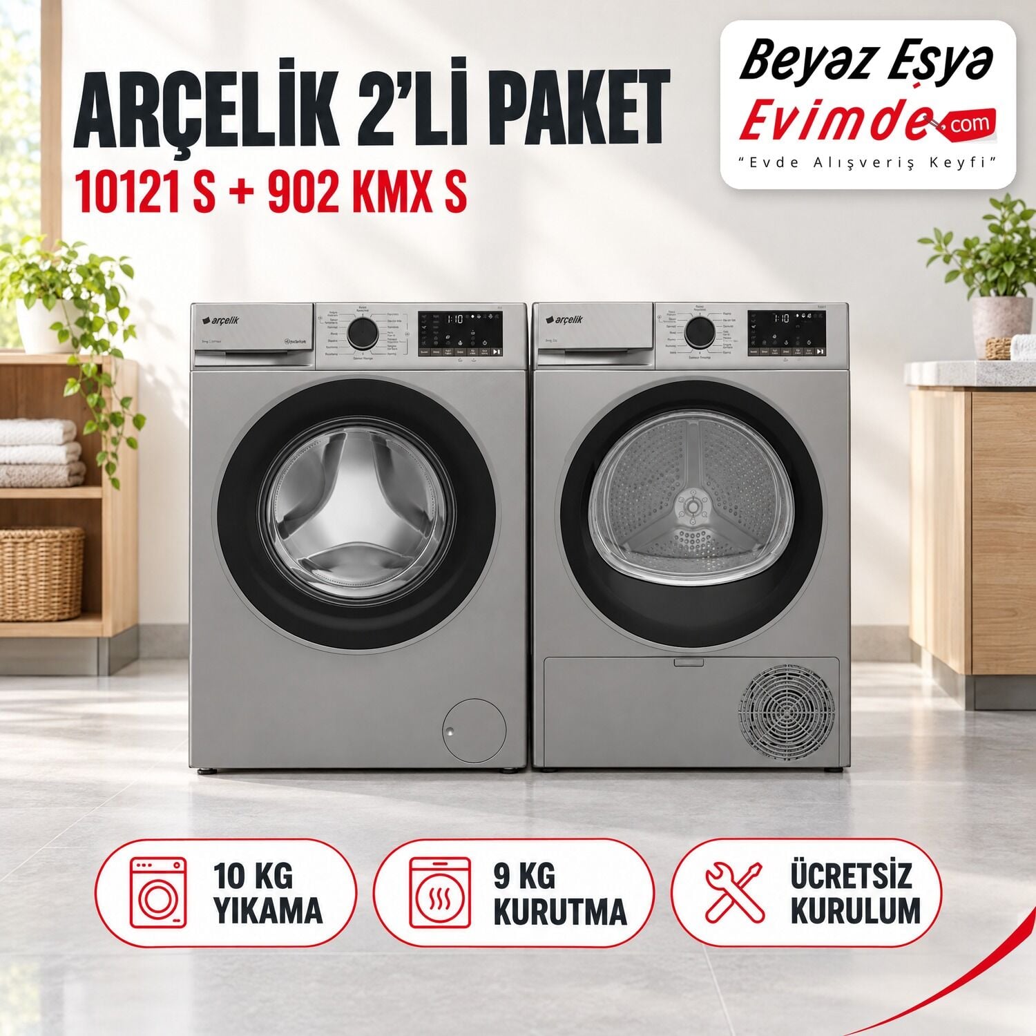 Arçelik 10121 S 10 Kg Çamaşır Makinesi + 902 KMX S 9 Kg Kurutma Makinesi Paketi