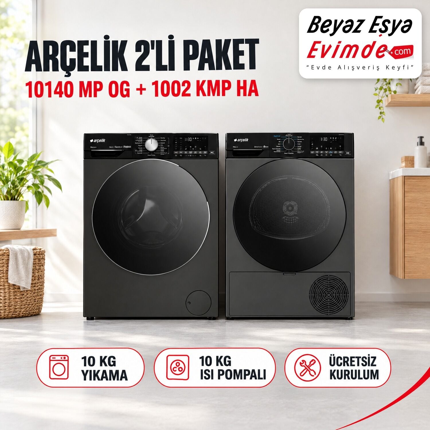Arçelik 10140 MP OG 10 Kg Çamaşır Makinesi + 1002 KMP HA 10 Kg Isı Pompalı Kurutma Makinesi Paketi