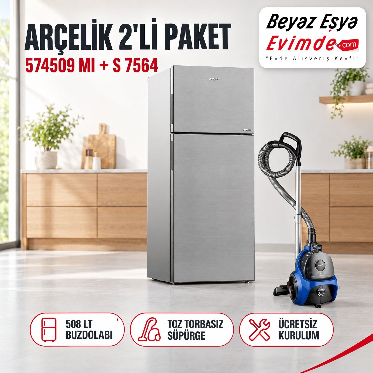 Arçelik 574509 MI 508 Lt Buzdolabı + S 7564 Toz Torbasız Süpürge Paketi