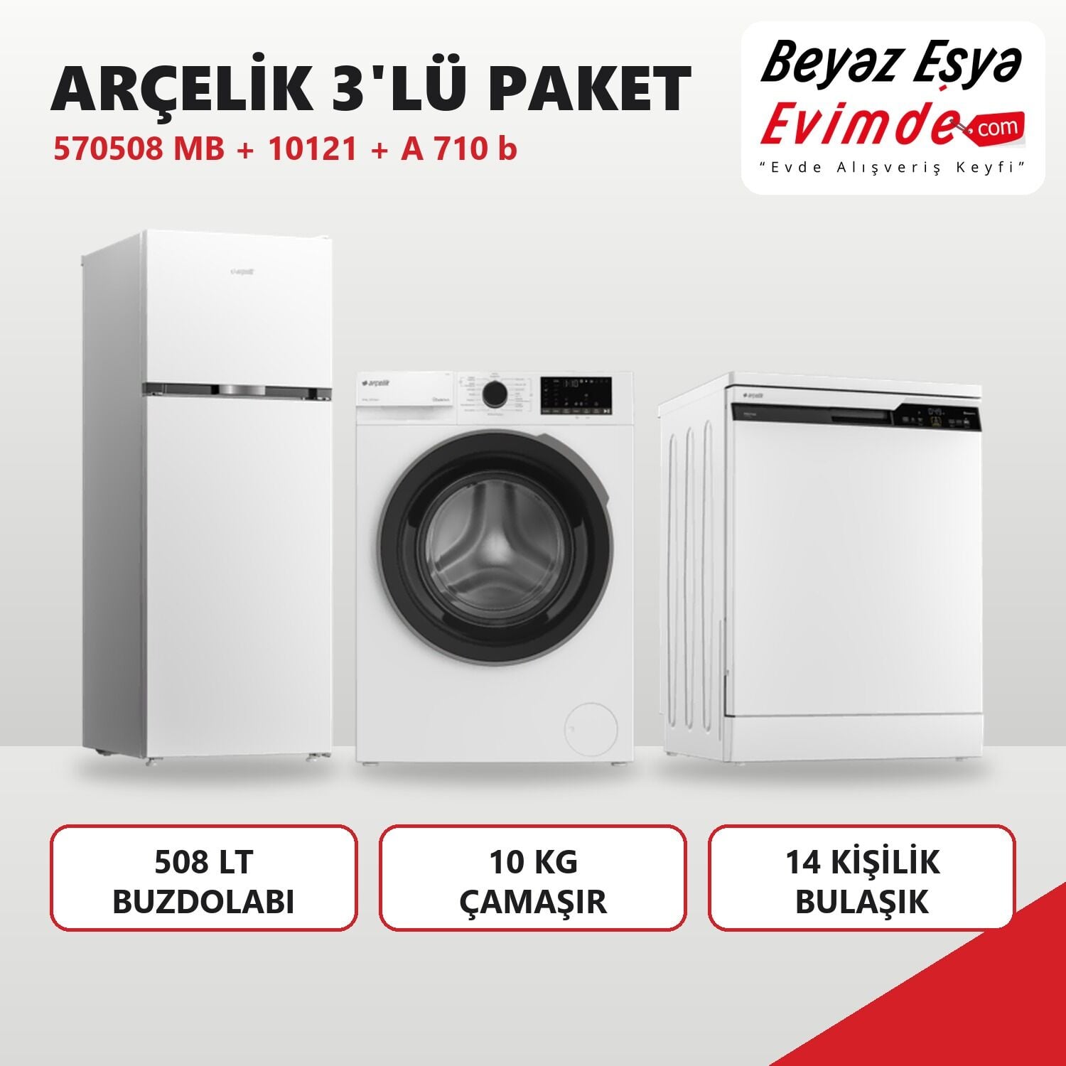 Arçelik 3'lü Paket 570508 MB Buzdolabı + 10121 Çamaşır + A 710 b Bulaşık Makinesi