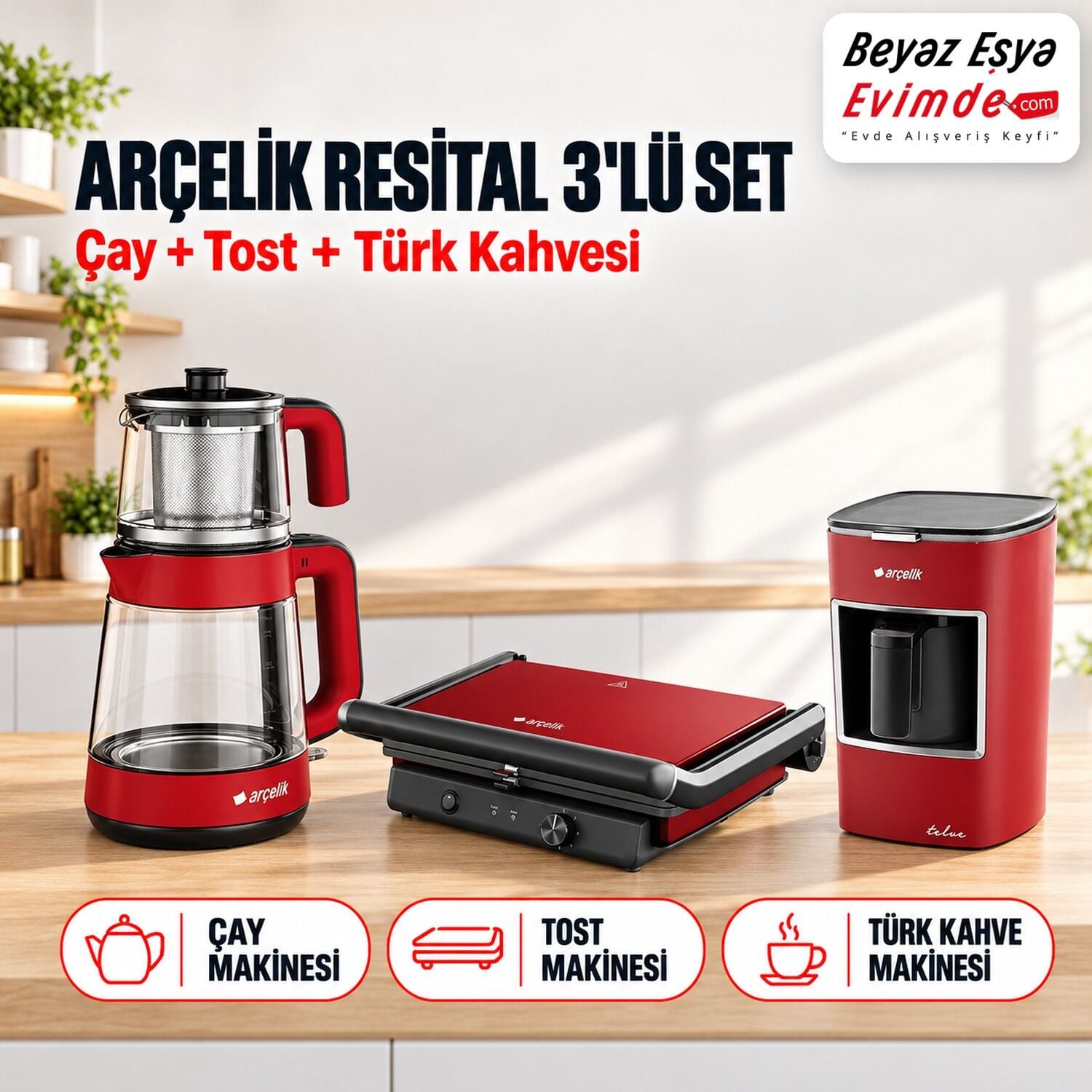 Arçelik Resital Kırmızı 3'lü Kahvaltı Seti (Çay + Tost + Türk Kahve Makinesi)