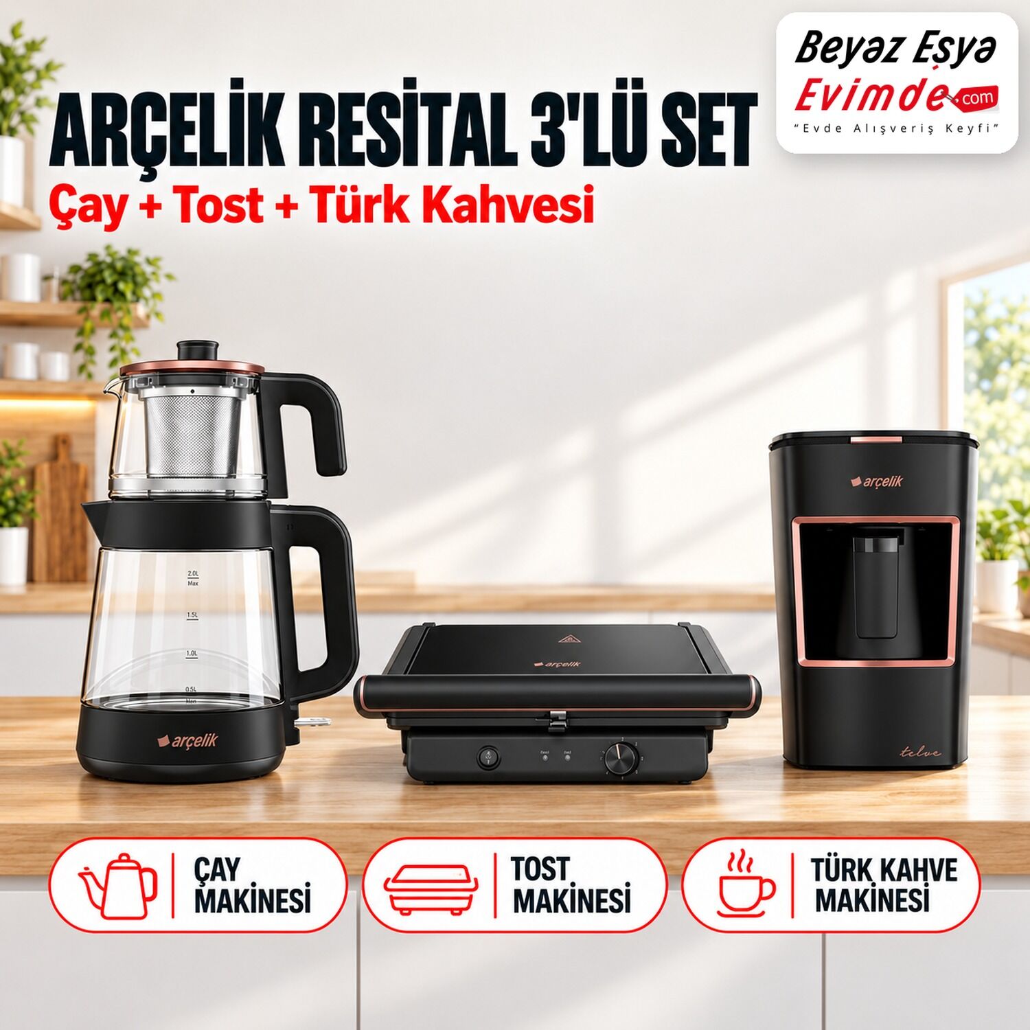 Arçelik Resital Siyah 3'lü Kahvaltı Seti (Çay + Tost + Türk Kahve Makinesi)