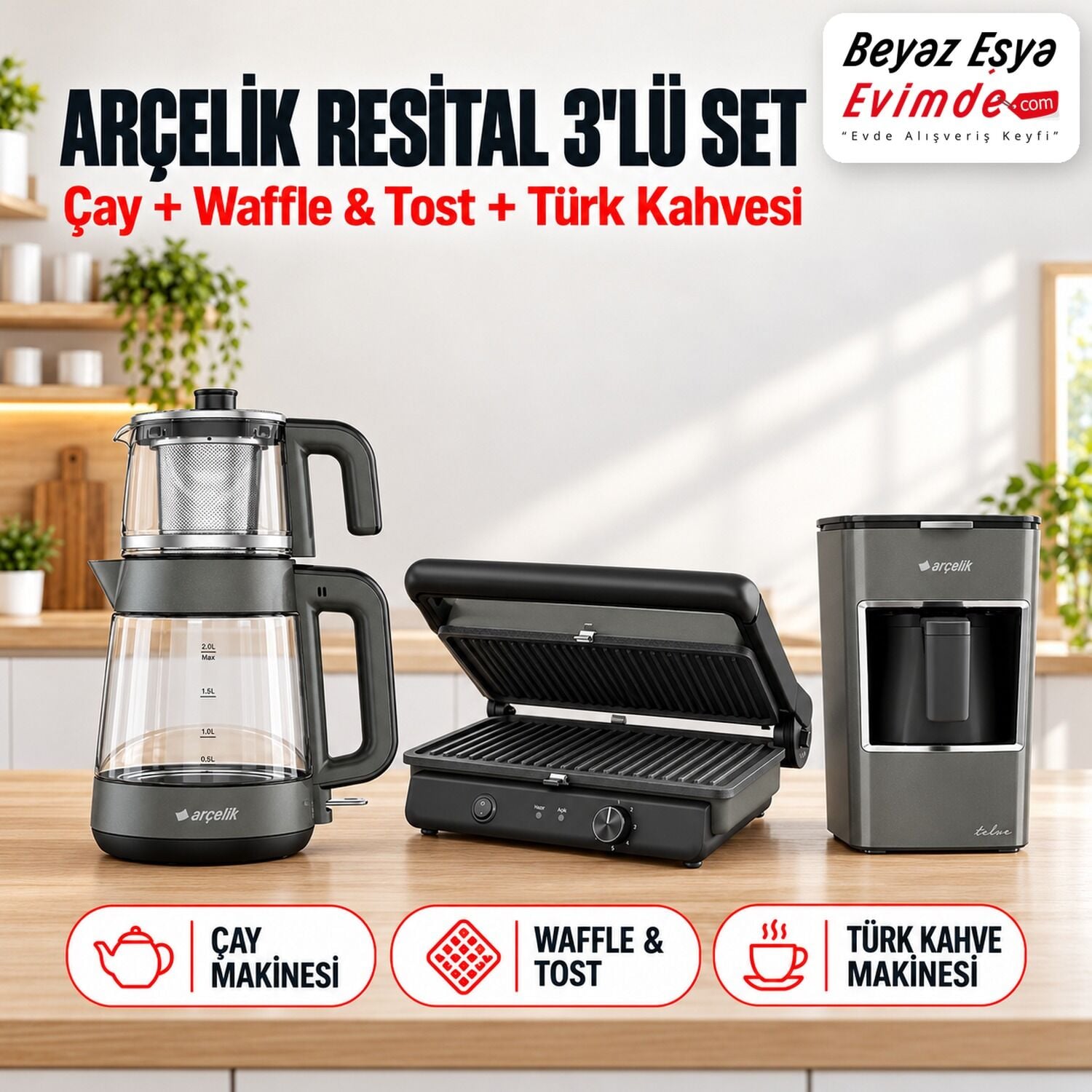 Arçelik Resital Grion 3'lü Kahvaltı Seti (Çay + Waffle & Tost + Türk Kahve Makinesi)