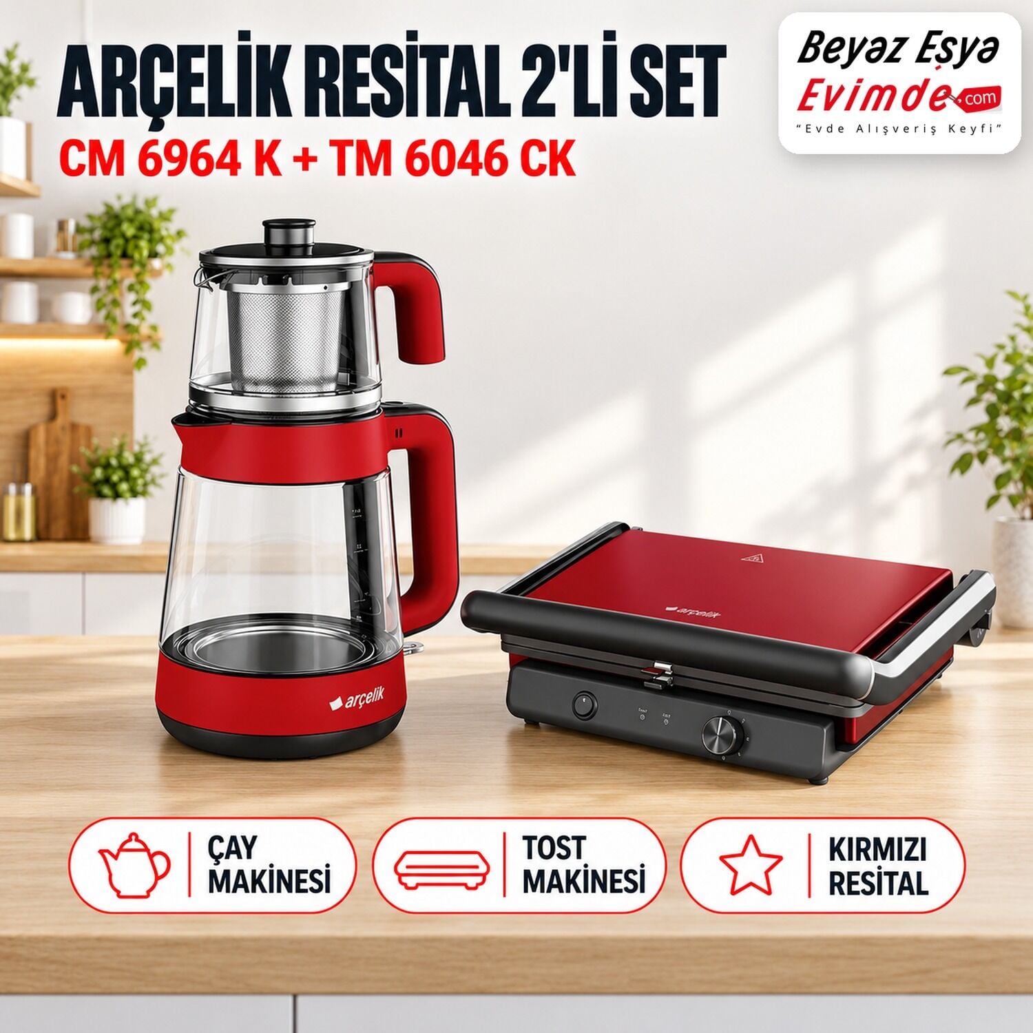 Arçelik Resital Kırmızı 2'li Kahvaltı Seti (CM 6964 K Çay + TM 6046 CK Tost)