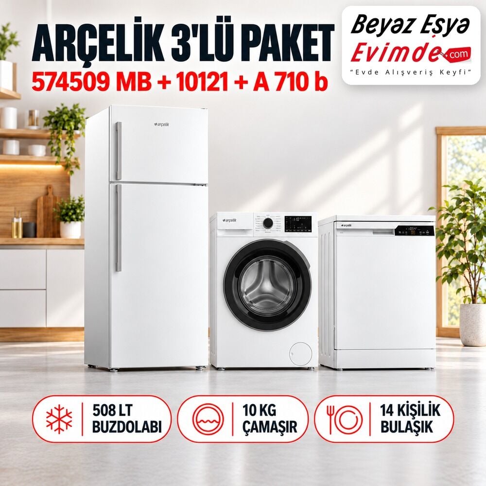 Arçelik 3'lü Paket 574509 MB Buzdolabı + 10121 Çamaşır + A 710 b Bulaşık Makinesi