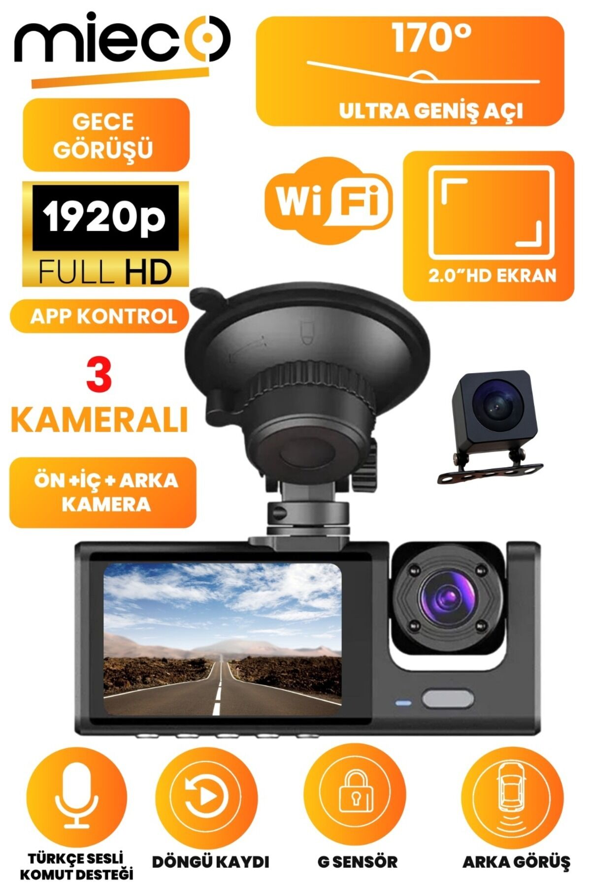 Mieco 1s Wifi / App /1920p Fhd/ 170° Ultra Geniş Açı/gece Görüş/ G-sensörü 3 Kameralı Araç Kamerası(2025)