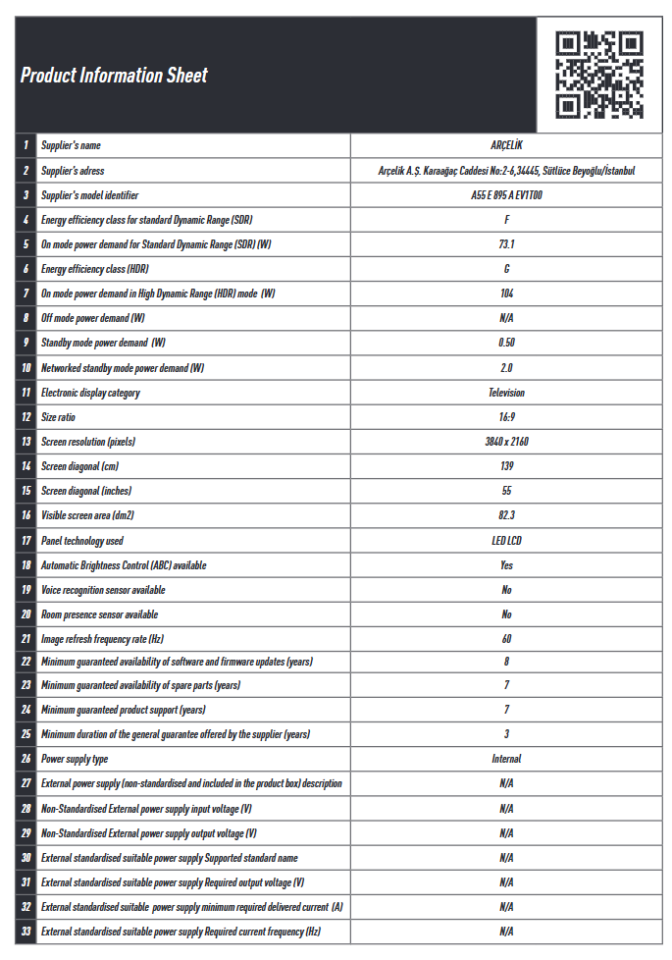 Arçelik A55 E 895 A 4K Ultra HD 55'' 140 Ekran Uydu Alıcılı Google Smart LED TV