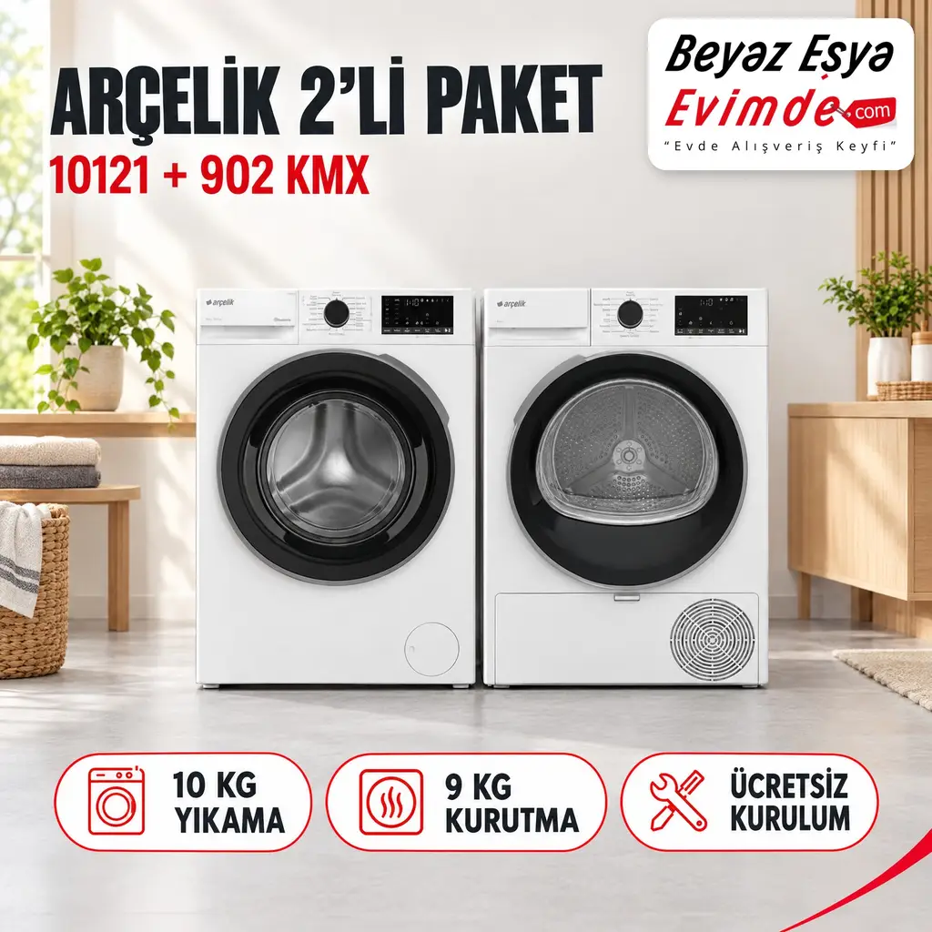 Arçelik 10121 10 Kg Çamaşır Makinesi + 902 KMX 9 Kg Kurutma Makinesi Paketi