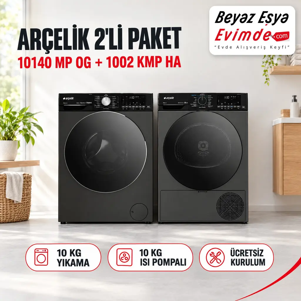 Arçelik 10140 MP OG 10 Kg Çamaşır Makinesi + 1002 KMP HA 10 Kg Isı Pompalı Kurutma Makinesi Paketi