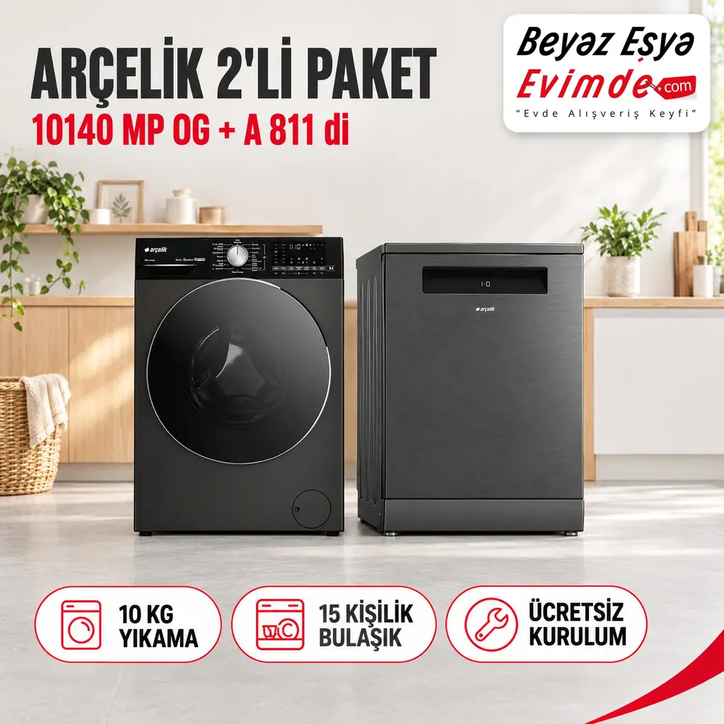 Arçelik 10140 MP OG 10 Kg Çamaşır Makinesi + A 811 di Bulaşık Makinesi Paketi