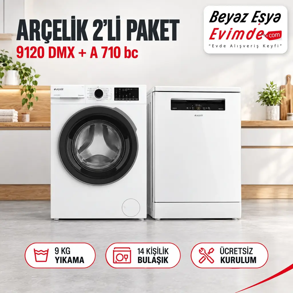 Arçelik 9120 DMX 9 Kg Çamaşır Makinesi + A 710 bc Bulaşık Makinesi Paketi