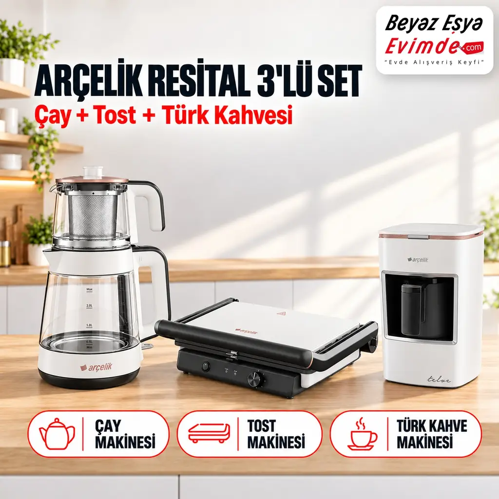 Arçelik Resital Beyaz 3'lü Kahvaltı Seti (Çay + Tost + Türk Kahve Makinesi)
