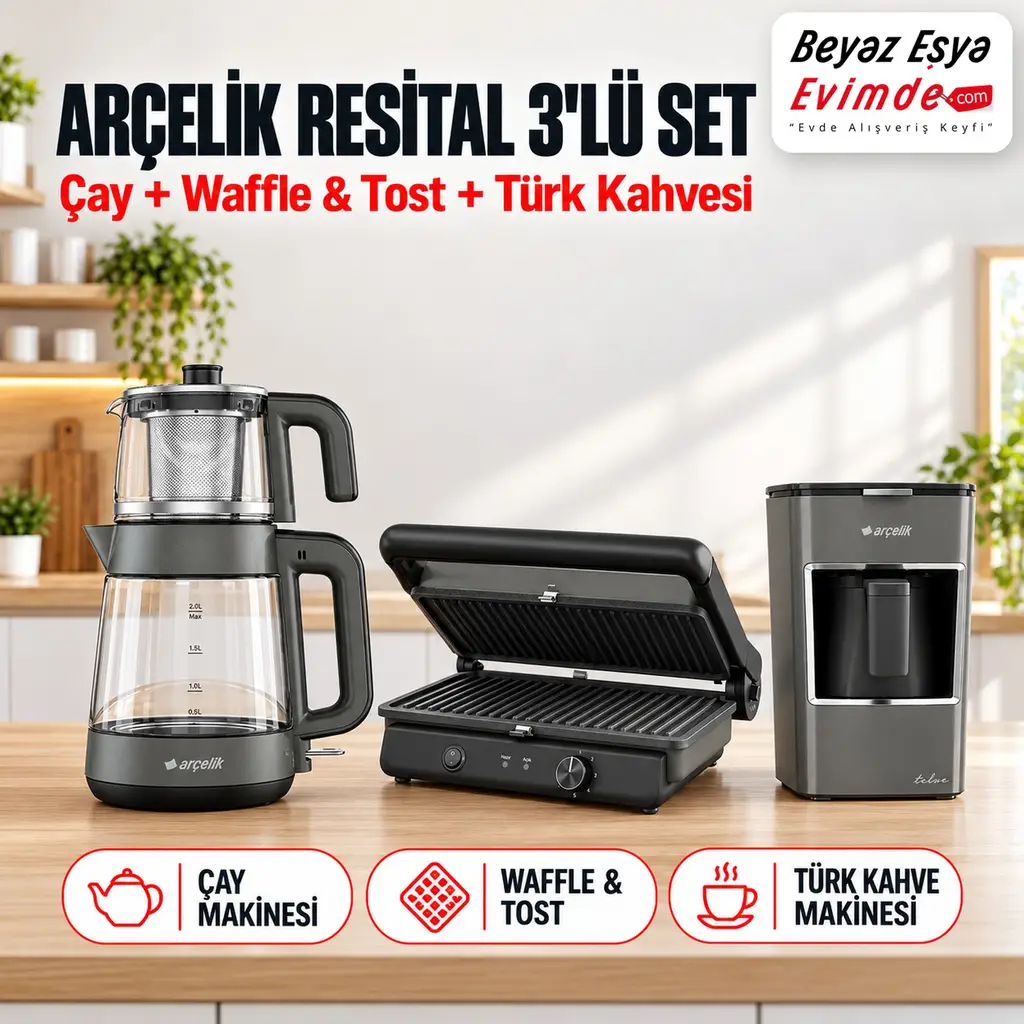 Arçelik Resital Grion 3'lü Kahvaltı Seti (Çay + Waffle & Tost + Türk Kahve Makinesi)