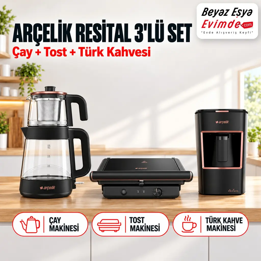 Arçelik Resital Siyah 3'lü Kahvaltı Seti (Çay + Tost + Türk Kahve Makinesi)