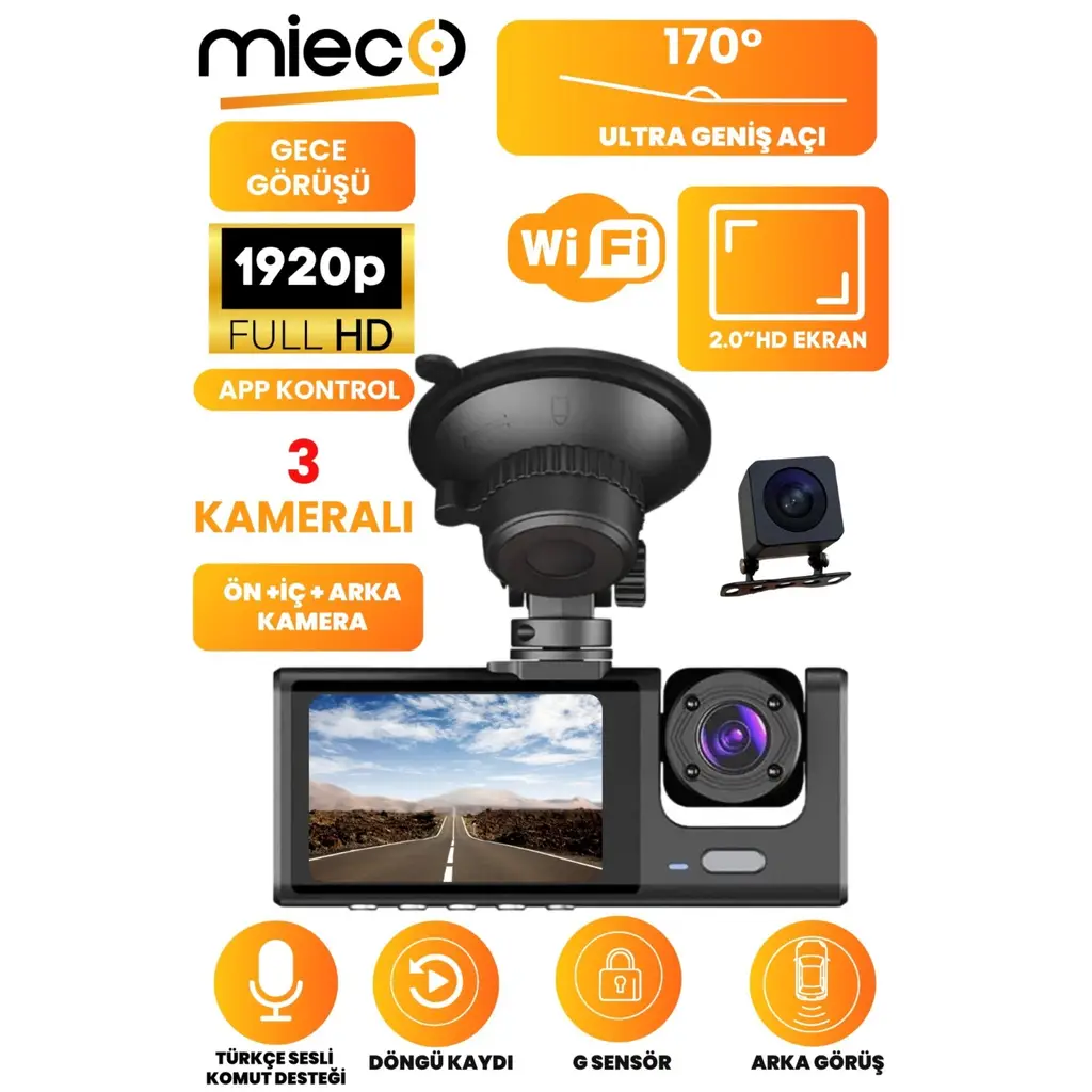 Mieco 1s Wifi / App /1920p Fhd/ 170° Ultra Geniş Açı/gece Görüş/ G-sensörü 3 Kameralı Araç Kamerası(2025)