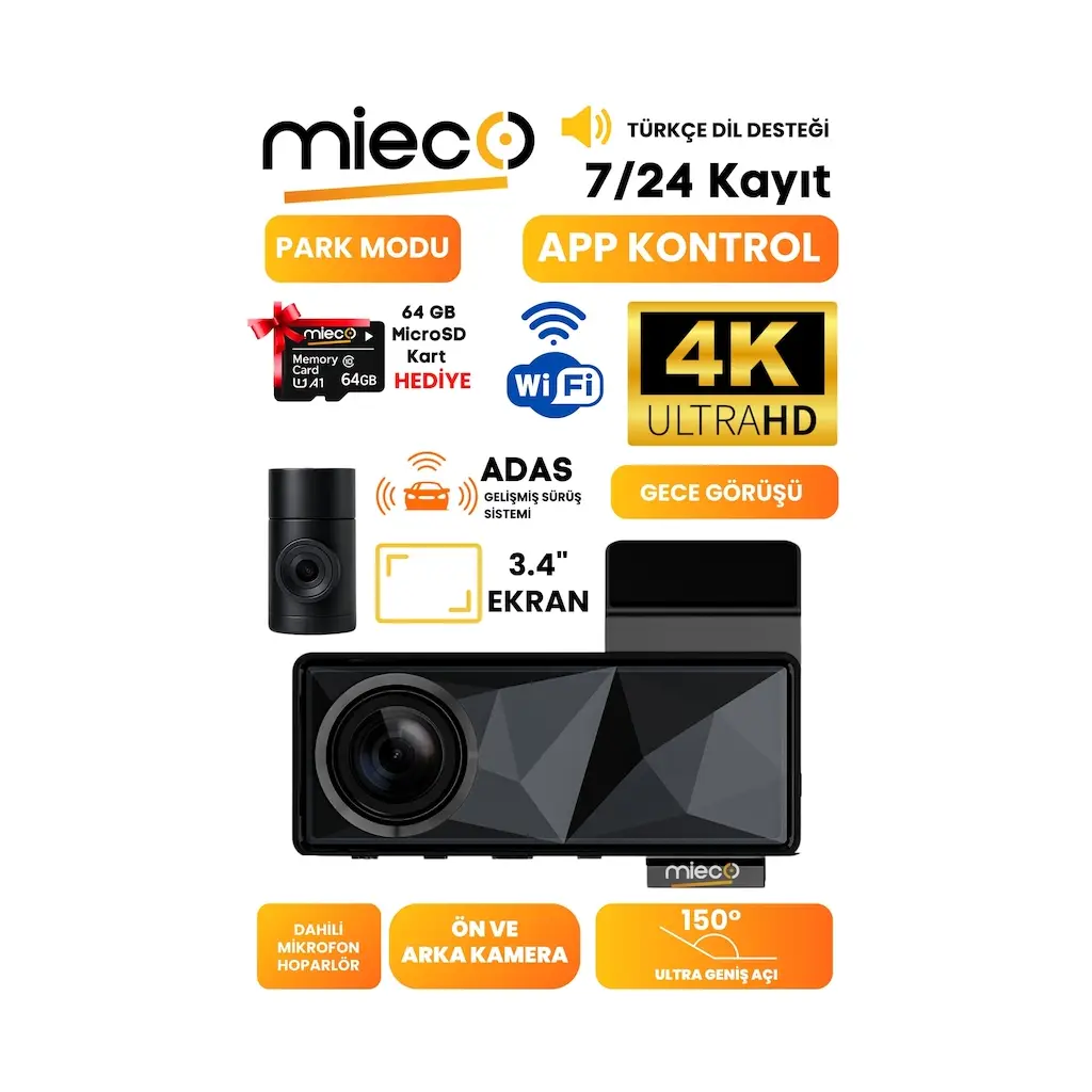 Mieco A11 Wifi/ 4k Uhd/ 150 Ultra Geniş Açı/ Adas/ Araç Kamerası