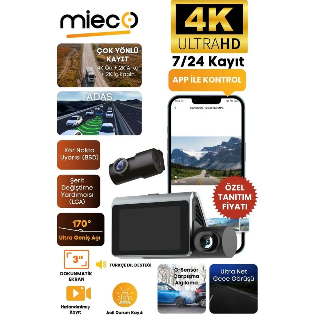 Mieco X18 Wifi /4k Uhd/ 170° Ultra Geniş Açı/ Adas/ G-Sensör / 3 Kameralı Araç Kamerası